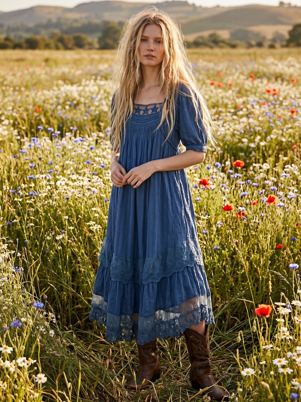 Free People Bohemian Cottage Americana Star Lace Calder Midi Dress Size Small